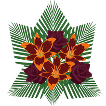 Lily And Rose Dark Gloomy Color Bouquet With Palm Leaves Vector Illustration