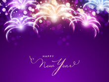 Golden Happy New Year Font On Purple Fireworks Bokeh Background.