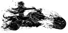 A Creepy And Funny Skeleton On An Incredibly Long Bike Rides Laughing At High Speed, He Burns With Black Fire Like His Demonic Motorcycle With A Toothy Nasty Mouth. 2d Blob Illustration
