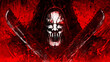 A sinister killer maniac with two bloody scratched machetes on a red background, he is wearing a creepy white mask with slits and a black hood, he is wearing protection for football. 2d