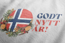 Godt Nytt år. Appy New Year. Norway Flag With Christmas Wreath. Traditional Norwegian Greetings. Design For Postcards, T-shirts, Banners, Greeting Card. Winter Holidays. World Flags.Holiday