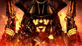 A smiling bearded pirate with two pistols in his hands, smiling angrily hiding his face in the shadow of a hat, he has long black hair with a lot of talismans and baubles woven into them. 2d