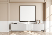 Empty Frame Mockup On Beige And White Living Room Wall