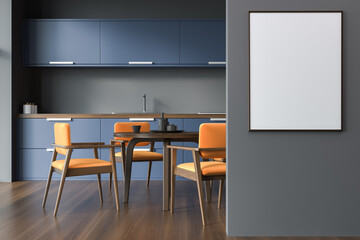 Wall Mural - Dark kitchen set interior with table and orange chairs. Poster menu