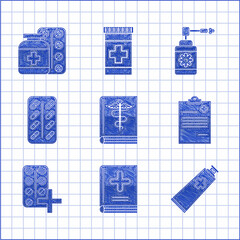 Sticker - Set Medical book, Ointment cream tube medicine, clipboard with clinical record, Pills blister pack, bottle nozzle spray and Medicine and pills icon. Vector