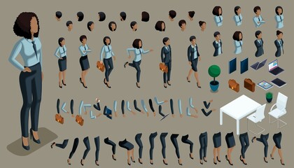 Large isometric Set of hand gestures and legs of African American woman 3d business lady. Create your isometric office worker for vector illustrations