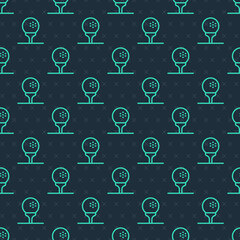 Green line Golf ball on tee icon isolated seamless pattern on blue background. Vector
