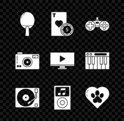 Canvas Print - Set Racket for playing table tennis, Casino chip and cards, Gamepad, Vinyl player with vinyl disk, Music, Heart animals footprint, Photo camera and Online video icon. Vector