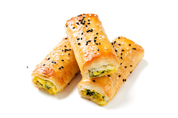 Wall Mural - Turkish borek rolls with spinach and cheese. A traditional Turkish pastry rulo borek with black and white sesame seeds. Isolated on white background.