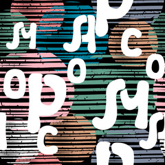 Wall Mural - seamless pattern with hand drawn white letters and striped circles with texture.abstract grunge shap