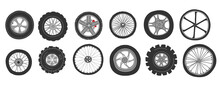 Automobile Wheels. Doodle Car Tires. Tractor And Motorcycle Disks. Bicycle And Light Vehicle Tyres Set With Different Shapes And Sizes. Rubber Rims. Vector Hand Drawn Transport Elements