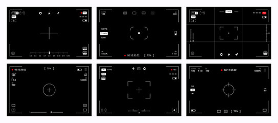 Camera viewfinder. Video record and photography shoot. DSLR screens. Digital camcorder interface. Focusing frame mockup with adjustment buttons. Vector film and photo blank windows set
