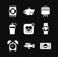 Sticker - Set Soda can, Teapot with cup, Cooking, Alarm clock, Fish, Sports nutrition, Fitness shaker and Mobile heart rate icon. Vector