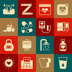 Sticker - Set Glass with water, Vitamin pill, Bed, Heart rate, Fruit, Bench barbel and Blood pressure icon. Vector