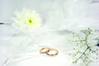 Wedding rings and white flower on white tulle background