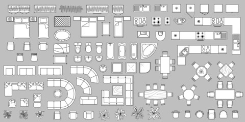 furniture outline top view. set of isolated linear icons for interior. vector illustration. furnitur