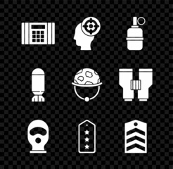 Poster - Set Dynamite bomb, Target sport, Hand grenade, Balaclava, Military rank, Chevron, Aviation and helmet icon. Vector