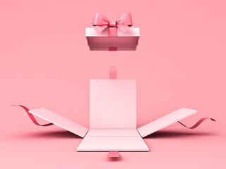 Aufkleber - Blank sweet pink pastel color present box or open gift box with pink ribbon and bow isolated on pink background with shadow minimal concept 3D rendering