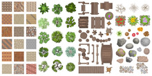 Vector Set For Landscape Design. Pavements, Architectural Elements, Trees, Stones. (top View) Fences, Paths, Tile, Benches, Tables. (view From Above)