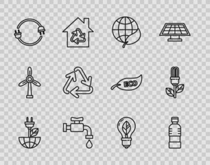 Sticker - Set line Electric saving plug in leaf, Bottle of water, Earth globe and, Water tap, Recycle symbol, Light bulb with and icon. Vector