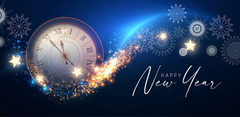 Wall Mural - Happy New Year! Countdown. Clock and fireworks, lights and bokeh effect.