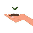 © FriskySloths - A Hand Holding Green Sprout and Soil Symbol on White Background. Save Earth Flat Vector Illustration. Earth Day Eco Friendly Design Concept.