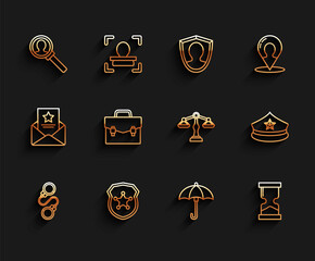 Sticker - Set line Handcuffs, Police badge, Magnifying glass for search, Umbrella, Old hourglass, Briefcase, cap with cockade and Scales of justice icon. Vector