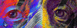 close up of a eye dollar banknote with creative colorful abstract elements on dark background