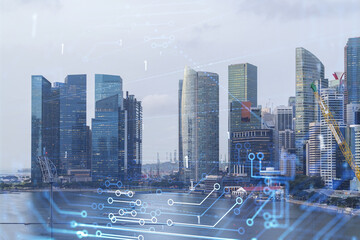 Technology hologram over panorama city view of Singapore. The largest tech hub in Asia. The concept of developing coding and high-tech science. Double exposure.