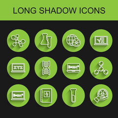 Set line Equation solution, Electrical panel, Molecule, Test tube and flask, Radioactive, DNA symbol, and icon. Vector