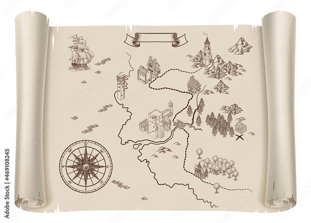Pirate Fantasy Treasure Map Vintage Illustration Stock Vector | Adobe Stock