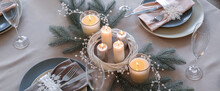 Beautiful Table Setting With Candles For Christmas Dinner