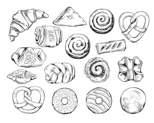 Wall Mural - Vector Set of Hand-Drawn Illustrations of Sweet Baked Goods. Croissant, Doughnut, Pretzel, Yeast and Puff Pastry Buns with Nuts, Jam, Poppy, Cinnamon. Line Art Drawings Isolated on White Background