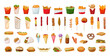 Collection of fast food in a detailed style. Junk food and pastries.