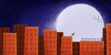 The Night Cityscape Illustration Of The Top Skyscraper Buildings With A Super Moon Behind. A Silhouette Of A Man Jumps From One To Another Building.