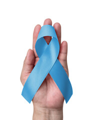 Wall Mural - Blue awareness ribbon for prostate cancer, men health and diabetes in November with light blue bow color on isolated with clippinth path on white background, male patient healthcare concept