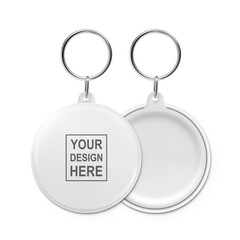 Wall Mural - Vector 3d Realistic Blank White Round Keychain with Ring and Chain for Key Isolated. Button Badge with Ring. Plastic, Metal ID Badge with Chains Key Holder, Design Template, Mockup