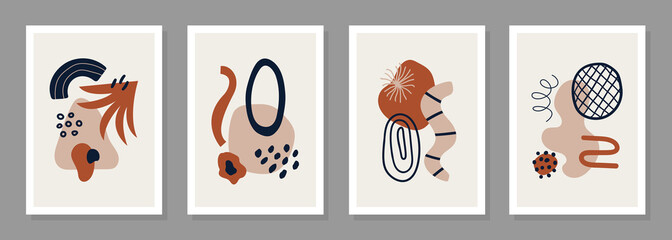 Wall Mural - Vector set of posters with abstract geometric shapes and objects. Trendy organic and minimalistic design 