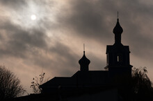 Church Architecture. Christian Church, Two Bell Towers, Crosses Against The Background Of The Night Sky With The Moon