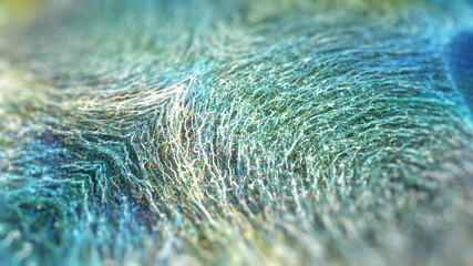 Abstract wallpaper, macro close-up of organic fibers, iridescent structure, green texture.  illustration of exotic cell, veins or fantasy substance growth. 3D rendering