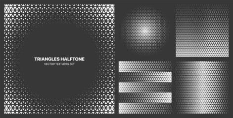 Sticker - Assorted Various Halftone Triangle Dot Textures Vector Different Geometric Pattern Set Isolated On Background. Contrast Black White Graphic Modernism Pattern Variety Texture Design Elements Collection