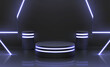 Futuristic cyber stage with 3d neon podiums for product display. Dark platform with glowing lights. Digital stand for gadgets, vector scene