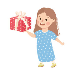 Canvas Print - Little Girl Giving Wrapped Gift Box Congratulating with Birthday Vector Illustration