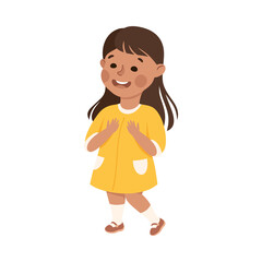 Sticker - Smiling Little Girl in Yellow Dress Standing Feeling Happy Vector Illustration