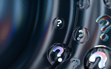 Wall Mural - question mark icon inside bubble glass geometric shape on abstract dark background 3d render