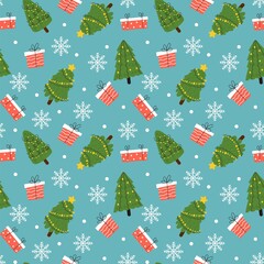 Wall Mural - Christmas seamless pattern. Cute xmas different trees with decorations, winter holiday attributes, new year gifts and snowflakes on blue background. Decor textile wrapping paper, vector print