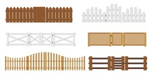 Fences With Gates. Wooden Enclosing Planks And Lattices. Yards Barriers. Garden Fencing With Doors. Farm Or Rural House Boundary. Palisade Entrance. Vector Village Border Elements Set