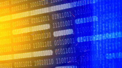 tech background of binary code in isometric style with blue and yellow key colors.
