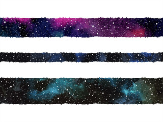 Wall Mural - Cosmic, cosmos vector watercolor hand drawn backgrounds. Elongated stripes, long streaks, rectangle banner shapes, text frames, starry borders. Colorful watercolour galaxy or night sky with stars.