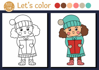 Christmas coloring page for children. Cute funny girl in warm clothes with gift box. Vector winter holiday outline illustration. New Year party color book for kids with colored example.